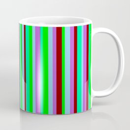 [ Thumbnail: Eye-catching Orchid, Sky Blue, Lime, Green & Dark Red Colored Lined Pattern Coffee Mug ]