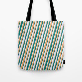 [ Thumbnail: Brown, Teal, and Lavender Colored Lined Pattern Tote Bag ]