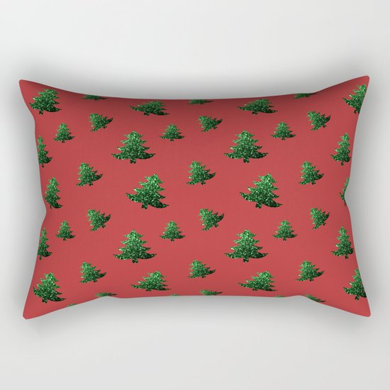 Christmas tree green sparkles pattern on Red Rectangular Pillow