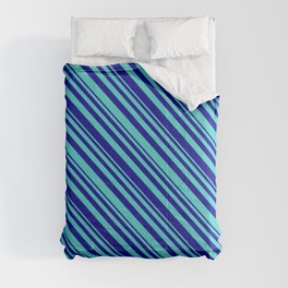 [ Thumbnail: Dark Blue & Turquoise Colored Striped/Lined Pattern Comforter ]