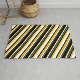 [ Thumbnail: Orange, Mint Cream, Dark Slate Gray, and Black Colored Lined/Striped Pattern Rug ]