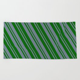 [ Thumbnail: Slate Gray and Dark Green Colored Striped/Lined Pattern Beach Towel ]