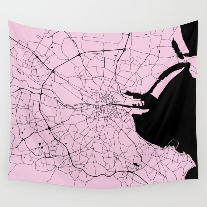 Dublin Ireland Pink on Black Street Map Wall Tapestry