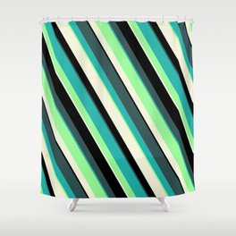 [ Thumbnail: Colorful Dark Slate Gray, Light Sea Green, Green, Beige, and Black Colored Stripes Pattern Shower Curtain ]