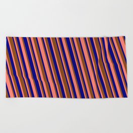 [ Thumbnail: Blue, Brown & Salmon Colored Stripes Pattern Beach Towel ]