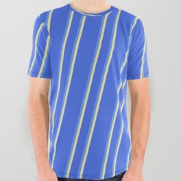 [ Thumbnail: Royal Blue, Cornflower Blue & Pale Goldenrod Colored Lined Pattern All Over Graphic Tee ]