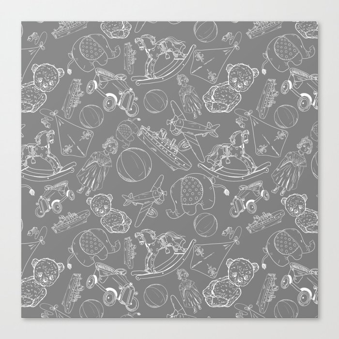 Grey and White Toys Outline Pattern Canvas Print