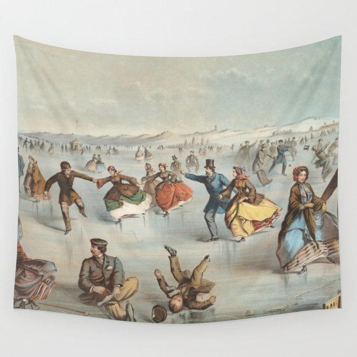 Vintage Central Park Ice Skating Painting (1861) Wall Tapestry