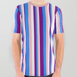 [ Thumbnail: Pink, Blue, Purple, and White Colored Stripes/Lines Pattern All Over Graphic Tee ]