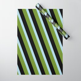 [ Thumbnail: Light Blue, Green & Black Colored Striped/Lined Pattern Wrapping Paper ]