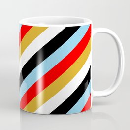 [ Thumbnail: Sky Blue, Red, Goldenrod, White & Black Colored Lines/Stripes Pattern Coffee Mug ]