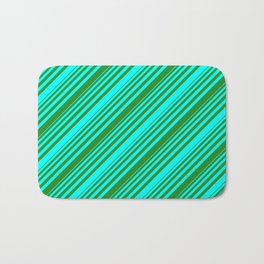 [ Thumbnail: Cyan and Forest Green Colored Lined/Striped Pattern Bath Mat ]