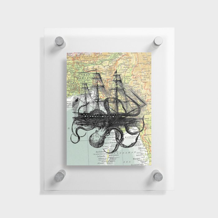 Octopus Attacks Ship on map background Floating Acrylic Print