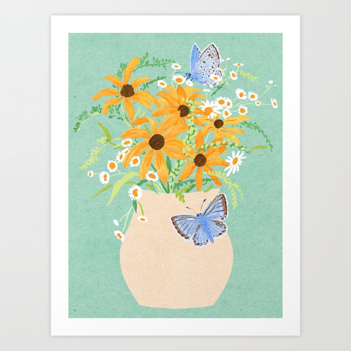 Blue Butterflies and Wildflowers Art Print