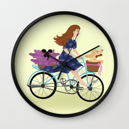 Woman On Bike With Basket, Hydrangeas, And A Yellow Lab Puppy Wall Clock