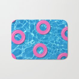 Pink Rubber Rings on Swimming Pool Water Bath Mat | Pop Art, Swimming Pool, Graphicdesign, Float, Summertime, Blue, Lifebelt, Miami, Poolside, Waves 