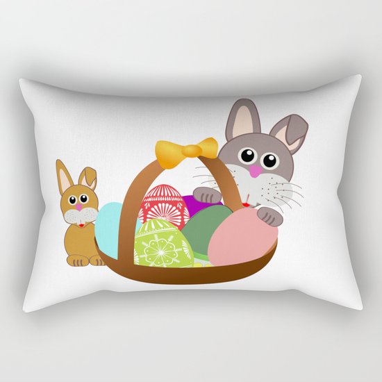 Easter Bunnies and Basket of Eggs Rectangular Pillow