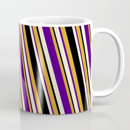 [ Thumbnail: Goldenrod, Indigo, Beige & Black Colored Pattern of Stripes Coffee Mug ]