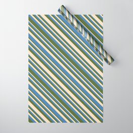 [ Thumbnail: Bisque, Blue, and Dark Olive Green Colored Lines/Stripes Pattern Wrapping Paper ]