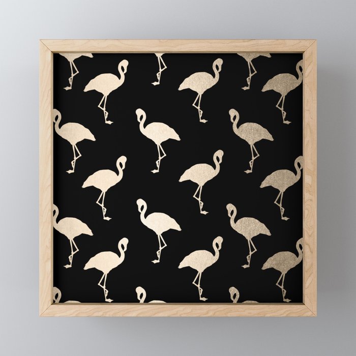 Flamingo Pattern Gold + Black Framed Mini Art Print