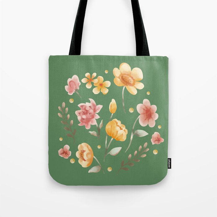 Wild Flower Garden Folk Illustration Green Tote Bag
