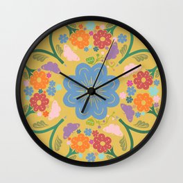 Retro Modern Butterflies And Flowers Colorful Golden Yellow Wall Clock