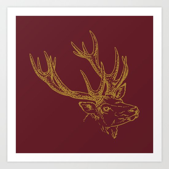 Deer Burgundy Gold Art Print