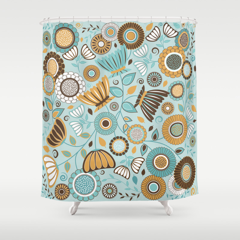 Scandinavian Floral Gold Brown Turquoise Shower Curtain By
