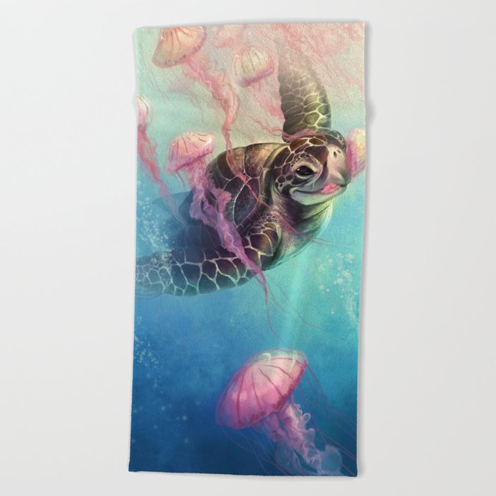 Sea Turtle and Jellyfish! Beach Towel
