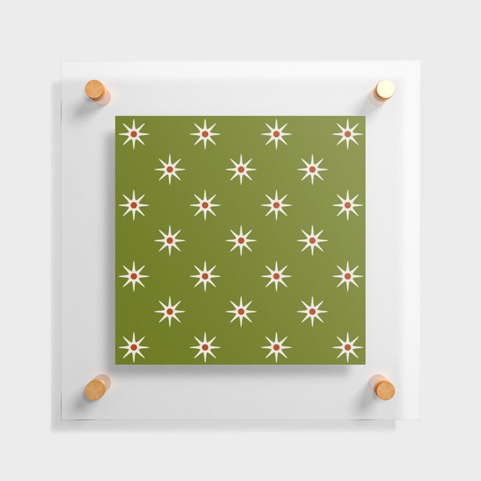Atomic mid century retro star flower pattern in green background Floating Acrylic Print