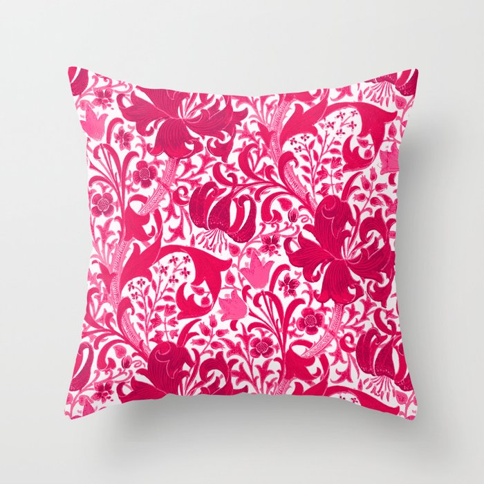 William Morris Iris and Lily, Fuchsia Pink and Burgundy Throw Pillow