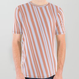 [ Thumbnail: Dark Salmon & Lavender Colored Stripes Pattern All Over Graphic Tee ]