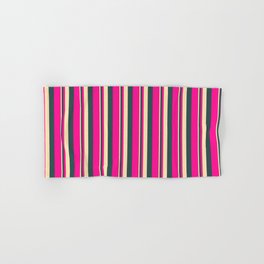 [ Thumbnail: Beige, Dark Slate Gray, and Deep Pink Colored Stripes/Lines Pattern Hand & Bath Towel ]