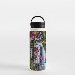 Traditional Greek Street Scenery | Blue Door and Pink Flowers | Island Life | Travel Photography in Europe Water Bottle