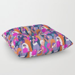 Every day we glow International Women's Day // midnight navy blue background violet purple curious blue shocking pink and orange copper humans  Floor Pillow