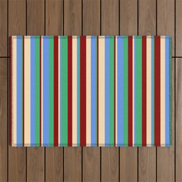 [ Thumbnail: Beige, Cornflower Blue, Sea Green, and Dark Red Colored Lines/Stripes Pattern Outdoor Rug ]