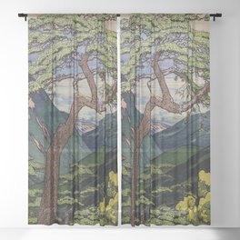 The Downwards Climbing - Summer Tree & Mountain Ukiyoe Nature Landscape in Green Sheer Curtain