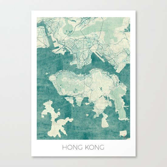 Hong Kong Map Blue Vintage Canvas Print