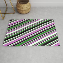 [ Thumbnail: Forest Green, Orchid, Black & White Colored Striped/Lined Pattern Rug ]
