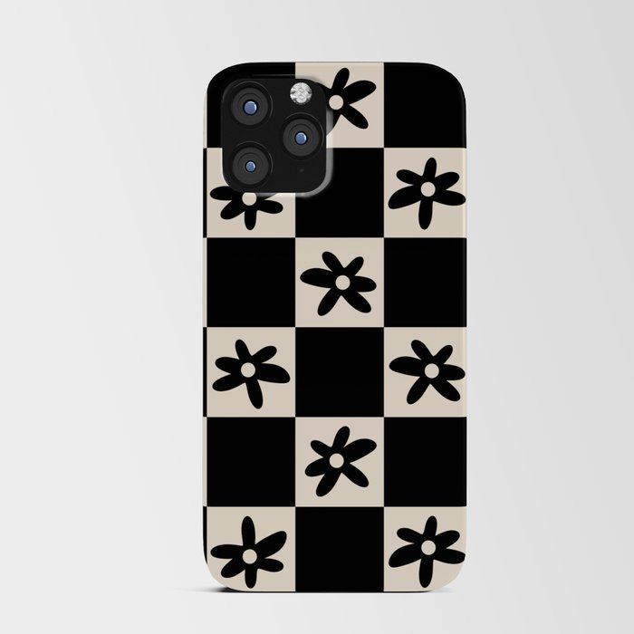 Flower Check Checkerboard Geometric Floral Pattern Black and Almond Cream iPhone Card Case