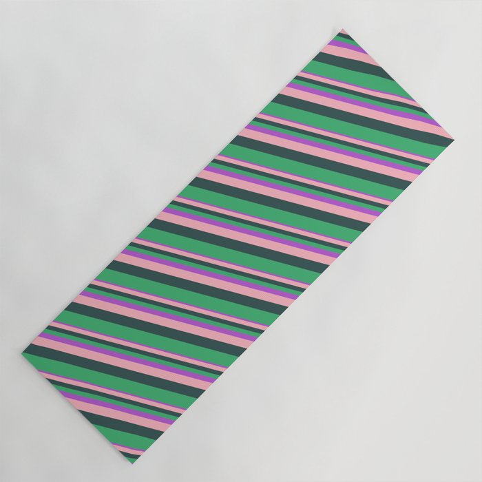 Orchid, Light Pink, Dark Slate Gray, and Sea Green Colored Lines/Stripes Pattern Yoga Mat