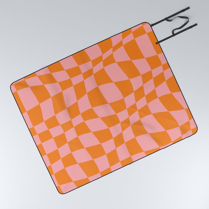 Warped Checkered Pattern (orange/pink) Picnic Blanket