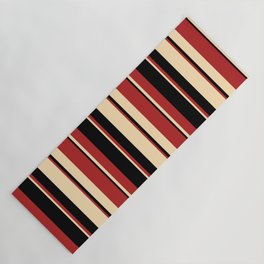 [ Thumbnail: Beige, Red, and Black Colored Striped Pattern Yoga Mat ]