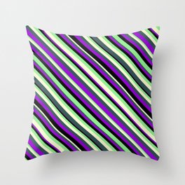 [ Thumbnail: Light Green, Light Yellow, Dark Slate Gray, Dark Violet, and Black Colored Lines/Stripes Pattern Throw Pillow ]