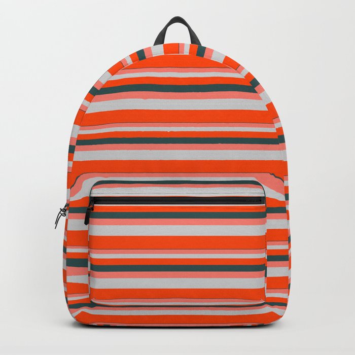 Dark Slate Gray, Salmon, Light Grey & Red Colored Pattern of Stripes Backpack