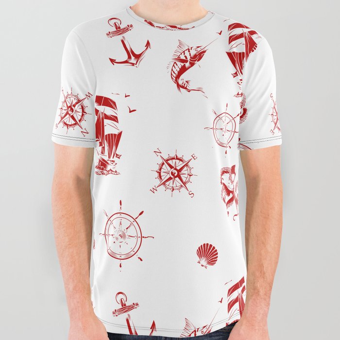 Red Silhouettes Of Vintage Nautical Pattern All Over Graphic Tee