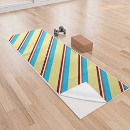 [ Thumbnail: Vibrant Maroon, Tan, Deep Sky Blue, Sienna & White Colored Striped/Lined Pattern Yoga Towel ]