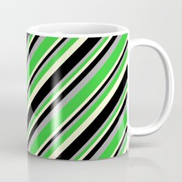 [ Thumbnail: Dark Grey, Lime Green, Light Yellow, and Black Colored Pattern of Stripes Coffee Mug ]