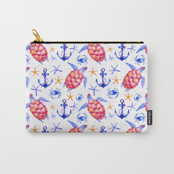 Pink violet watercolor hand painted nautical anchor turtles pattern Carry-All Pouch