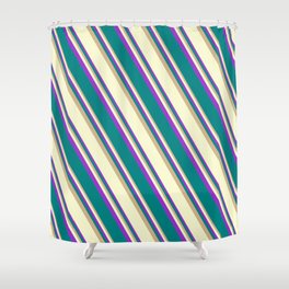 [ Thumbnail: Tan, Light Yellow, Dark Orchid, and Teal Colored Stripes Pattern Shower Curtain ]